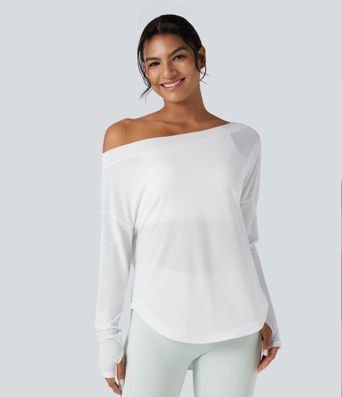 Top de sport yoga une épaule séchage rapide ourlet arrondi asymétrique manches longues avec trous pouces - Brassière intégrée Top de sport yoga une épaule séchage rapide ourlet arrondi asymétrique manches longues avec trous pouces - Brassière intégrée