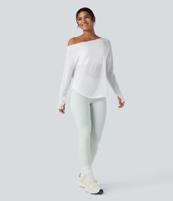 Top de sport yoga une épaule séchage rapide ourlet arrondi asymétrique manches longues avec trous pouces - Brassière intégrée Top de sport yoga une épaule séchage rapide ourlet arrondi asymétrique manches longues avec trous pouces - Brassière intégrée
