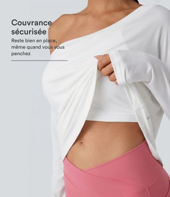 Top de sport yoga une épaule séchage rapide ourlet arrondi asymétrique manches longues avec trous pouces - Brassière intégrée Top de sport yoga une épaule séchage rapide ourlet arrondi asymétrique manches longues avec trous pouces - Brassière intégrée