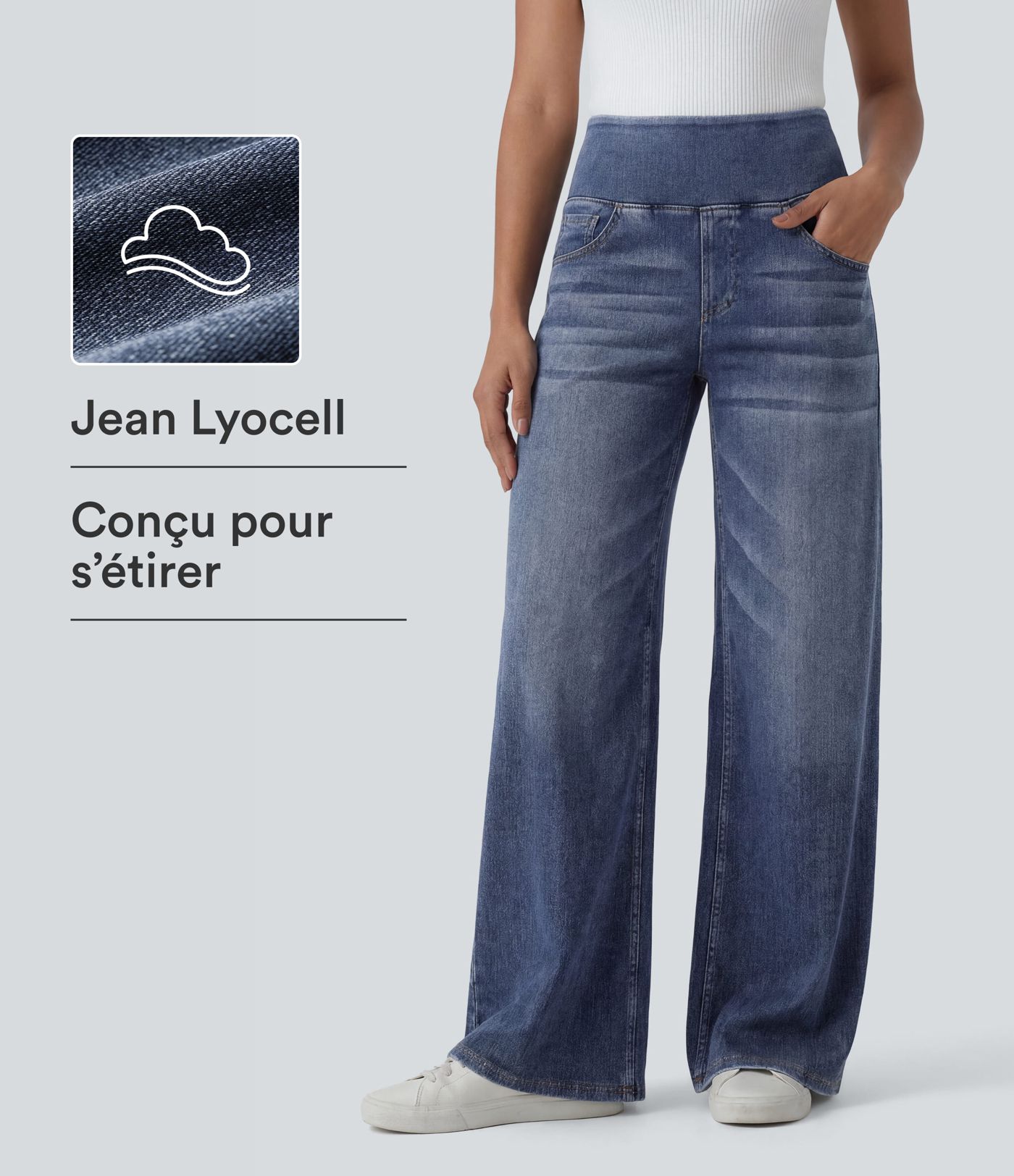 Halara Flex™ Jean large casual baggy taille mi-haute en lyocell drapé effet délavé, avec poches Halara Flex™ Jean large casual baggy taille mi-haute en lyocell drapé effet délavé, avec poches