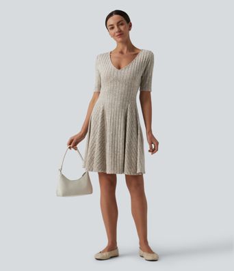Ribbed Knit V Neck Short Sleeve Flare Mini Casual Dress Ribbed Knit V Neck Short Sleeve Flare Mini Casual Dress