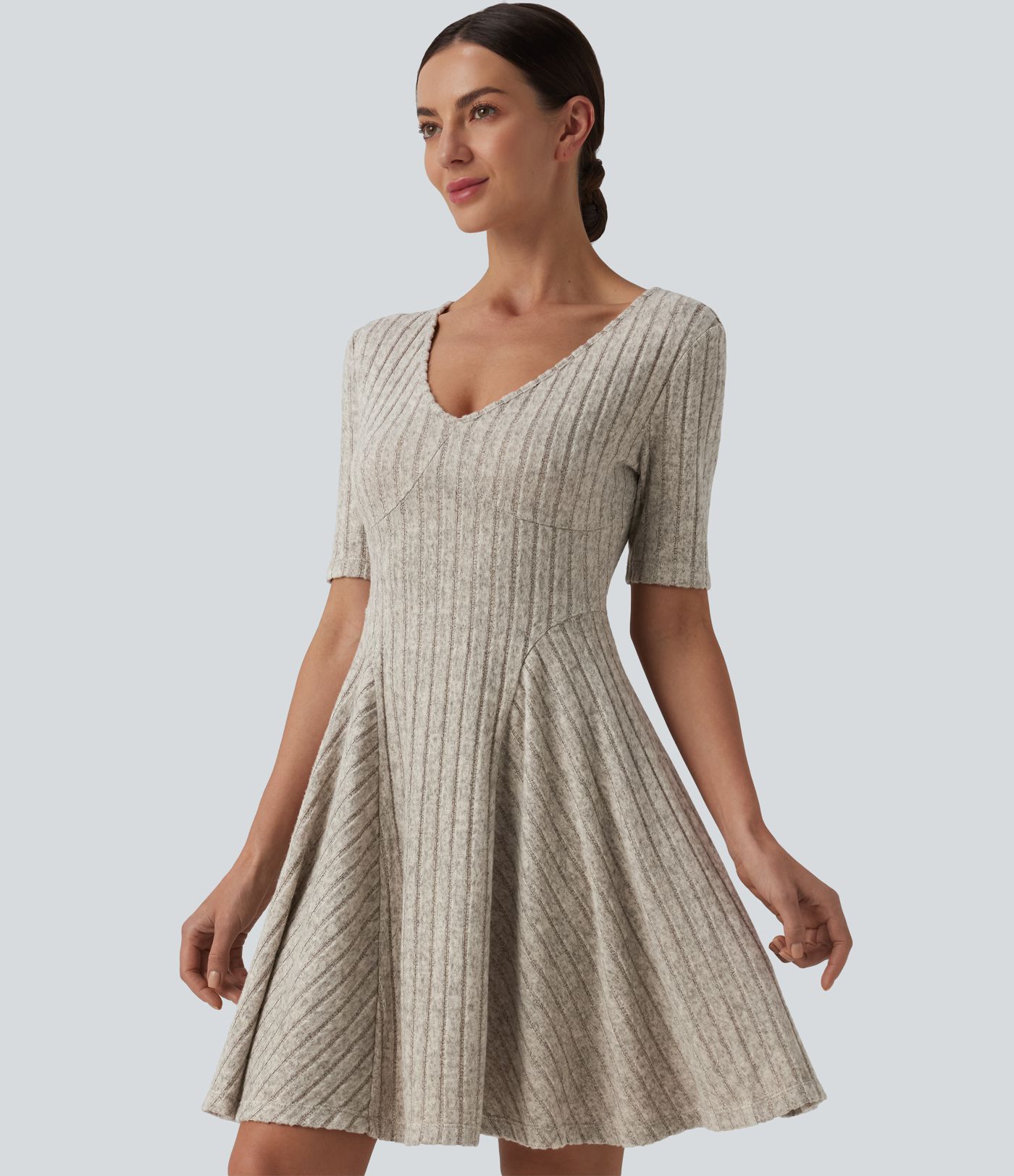 Ribbed Knit V Neck Short Sleeve Flare Mini Casual Dress Ribbed Knit V Neck Short Sleeve Flare Mini Casual Dress