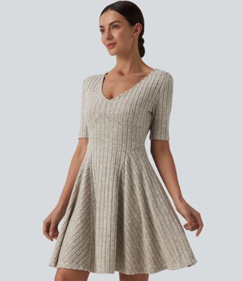 Ribbed Knit V Neck Short Sleeve Flare Mini Casual Dress Ribbed Knit V Neck Short Sleeve Flare Mini Casual Dress