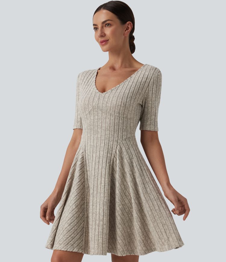 Ribbed Knit V Neck Short Sleeve Flare Mini Casual Dress Ribbed Knit V Neck Short Sleeve Flare Mini Casual Dress