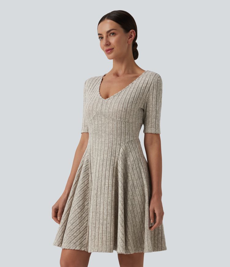Ribbed Knit V Neck Short Sleeve Flare Mini Casual Dress Ribbed Knit V Neck Short Sleeve Flare Mini Casual Dress