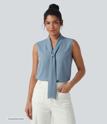 Wrinkle-Resistant V Neck Sleeveless Relaxed Work Tie Blouse