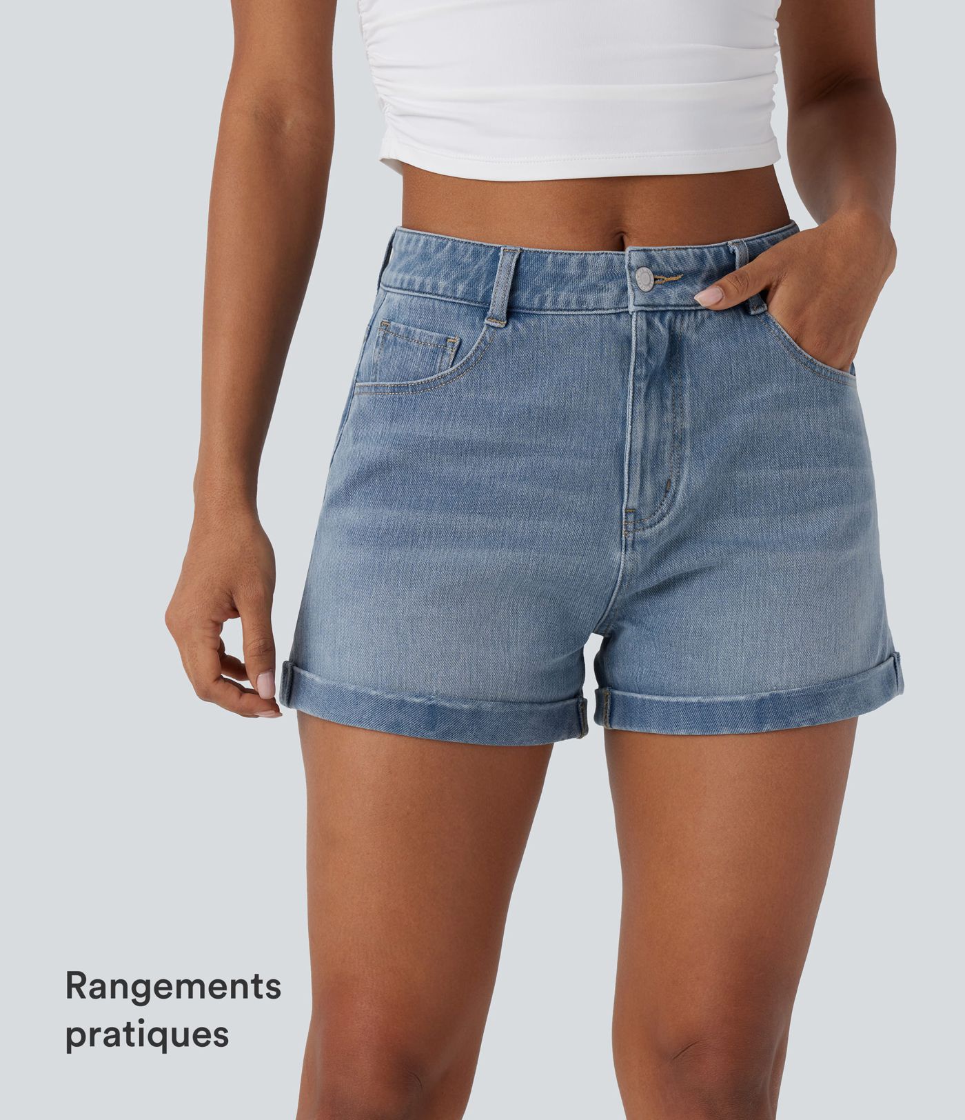 Halara Flex™ Mid Rise Zipper Pockets Denim Casual Shorts 3''