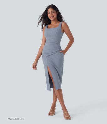 Robe moulante mi-longue SoftlyZero™ Airy col carré corset froncée effet frais InstantCool, bonnets E-G Robe moulante mi-longue SoftlyZero™ Airy col carré corset froncée effet frais InstantCool, bonnets E-G