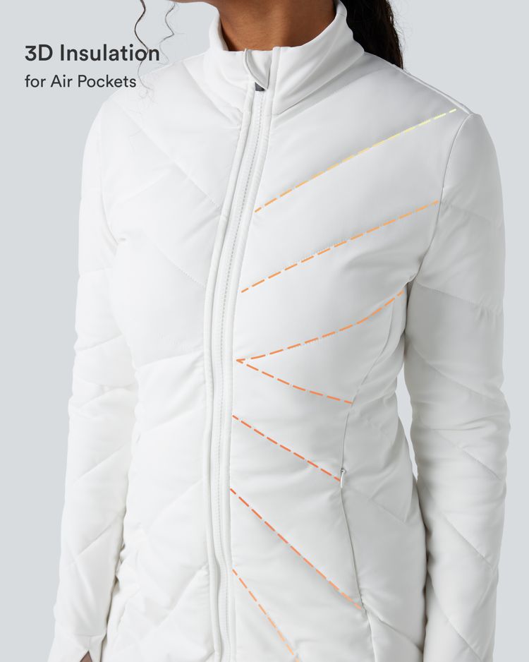 PuffFlex Stand Collar Double Zipper Thumb Holes Casual Padded Jacket with Pockets
