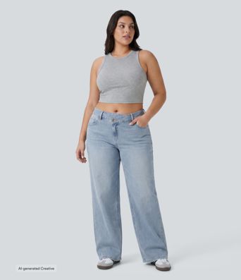 Plus Size Halara Flex™ Asymmetric Low Rise Wide Leg Washed Casual Jeans with Pockets