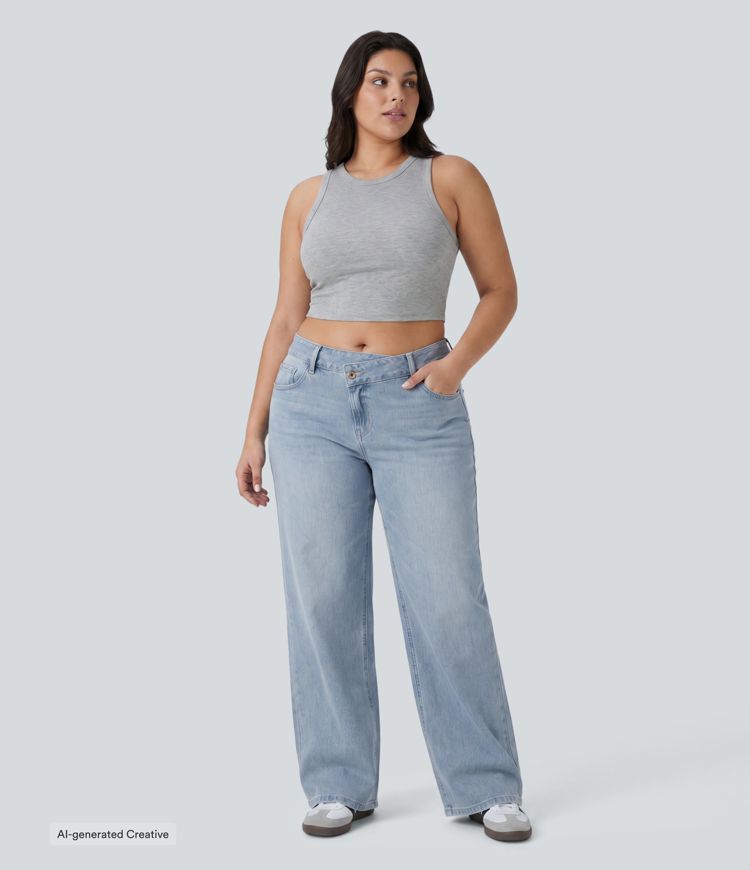 Plus Size Halara Flex™ Asymmetric Low Rise Wide Leg Washed Casual Jeans with Pockets