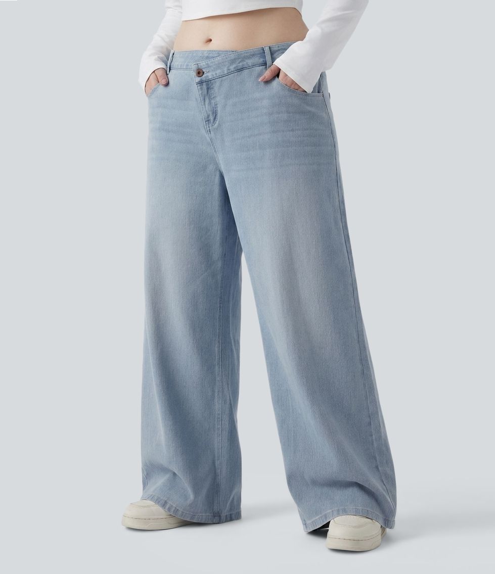 Plus Size Halara Flex™ Asymmetric Low Rise Wide Leg Washed Casual Jeans with Pockets