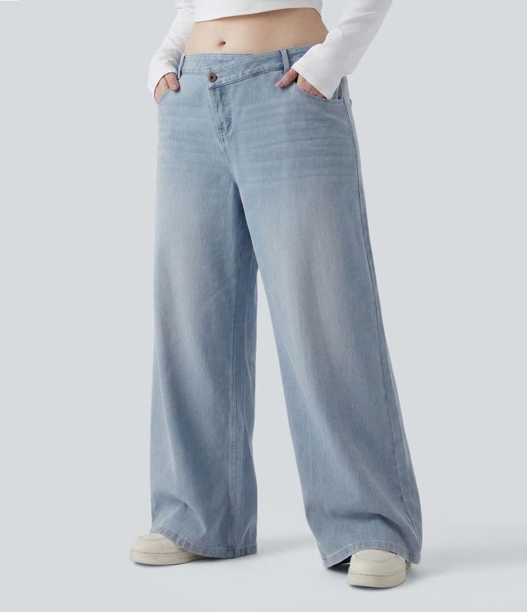 Plus Size Halara Flex™ Asymmetric Low Rise Wide Leg Washed Casual Jeans with Pockets