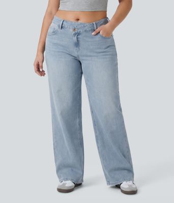 Plus Size Halara Flex™ Asymmetric Low Rise Wide Leg Washed Casual Jeans with Pockets