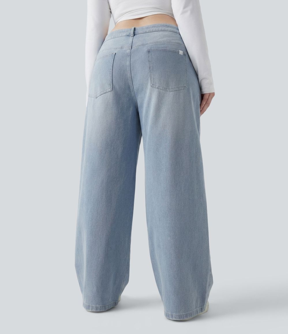 Plus Size Halara Flex™ Asymmetric Low Rise Wide Leg Washed Casual Jeans with Pockets