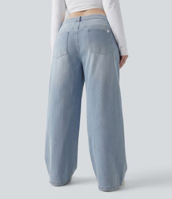 Plus Size Halara Flex™ Asymmetric Low Rise Wide Leg Washed Casual Jeans with Pockets