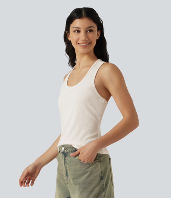 Ribbed Knit U-Neck Crossover Cut-Out Back Curved Hem Casual Tank Top Ribbed Knit U-Neck Crossover Cut-Out Back Curved Hem Casual Tank Top