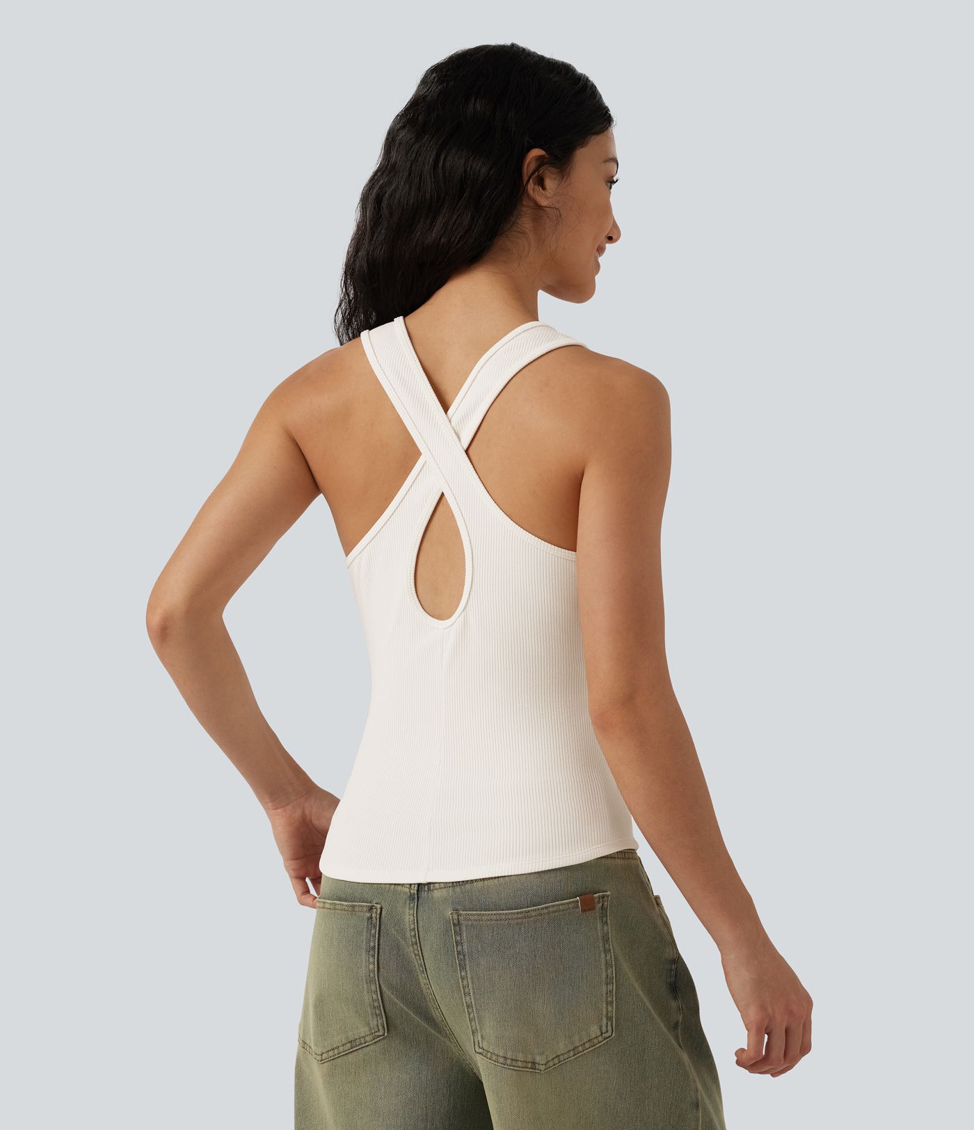 Ribbed Knit U-Neck Crossover Cut-Out Back Curved Hem Casual Tank Top Ribbed Knit U-Neck Crossover Cut-Out Back Curved Hem Casual Tank Top