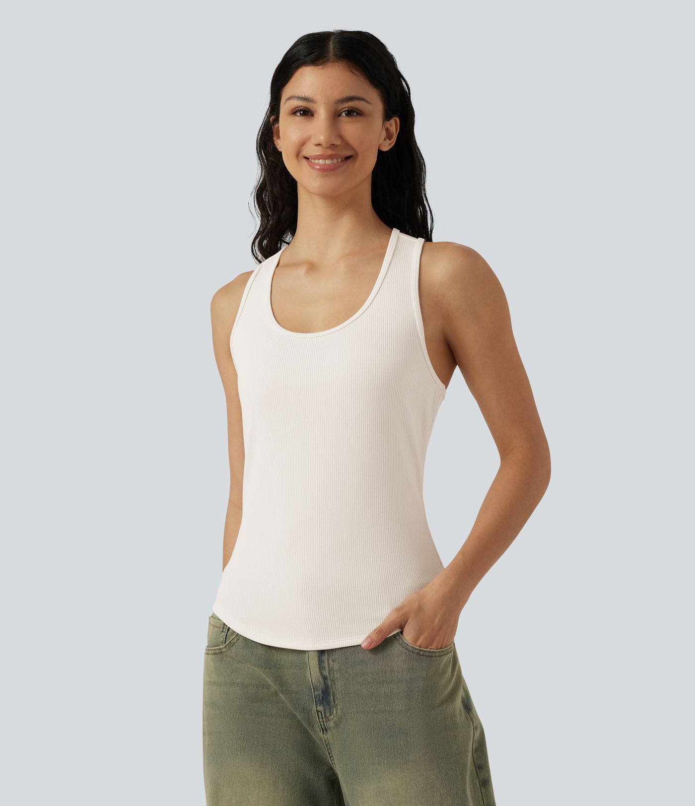 Ribbed Knit U-Neck Crossover Cut-Out Back Curved Hem Casual Tank Top Ribbed Knit U-Neck Crossover Cut-Out Back Curved Hem Casual Tank Top