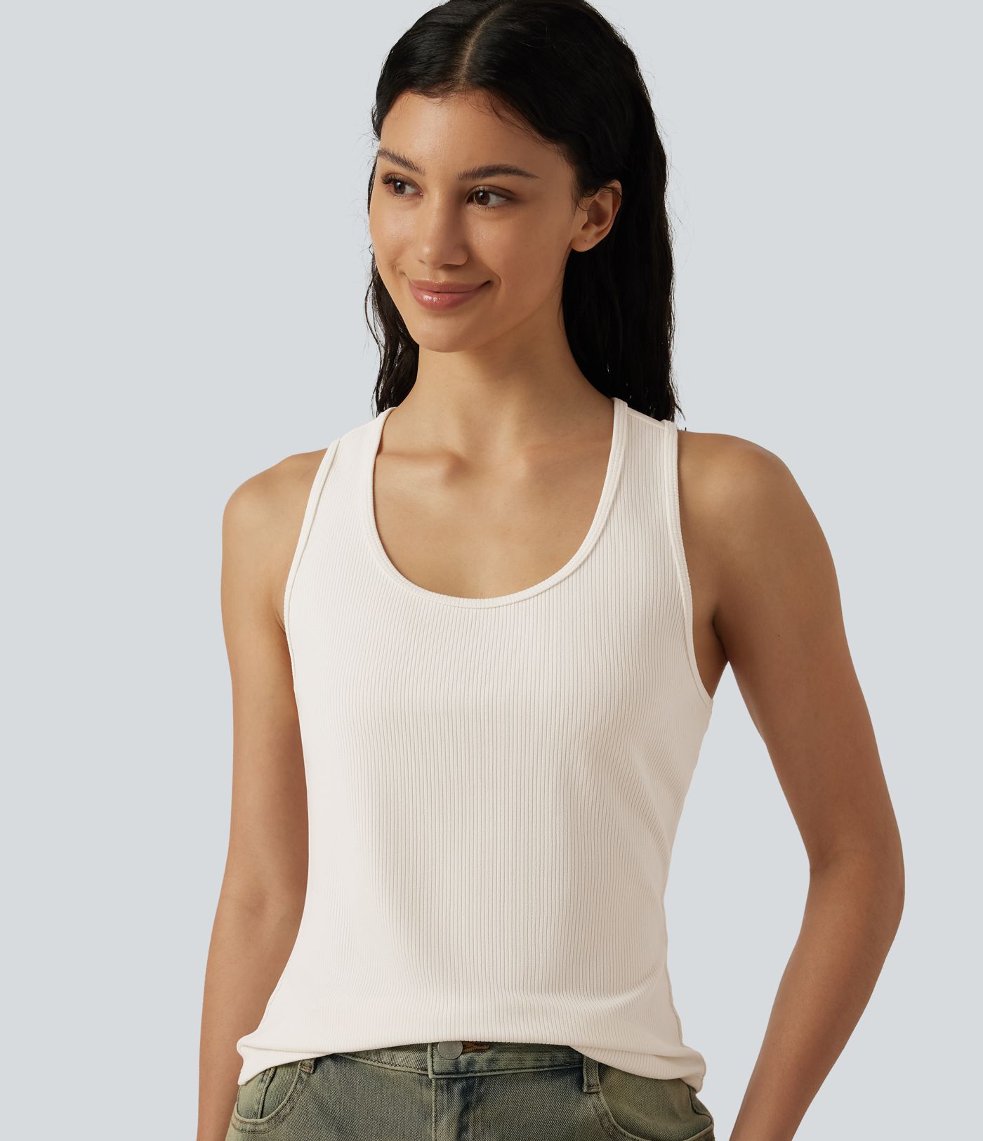 Ribbed Knit U-Neck Crossover Cut-Out Back Curved Hem Casual Tank Top Ribbed Knit U-Neck Crossover Cut-Out Back Curved Hem Casual Tank Top