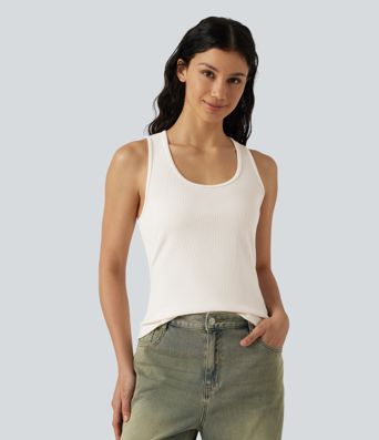 Ribbed Knit U-Neck Crossover Cut-Out Back Curved Hem Casual Tank Top Ribbed Knit U-Neck Crossover Cut-Out Back Curved Hem Casual Tank Top