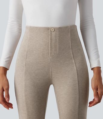 Pantalones acanalados de cintura alta con control abdominal, estilo flare casual