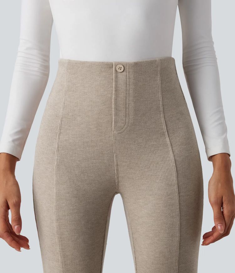 Pantalones acanalados de cintura alta con control abdominal, estilo flare casual