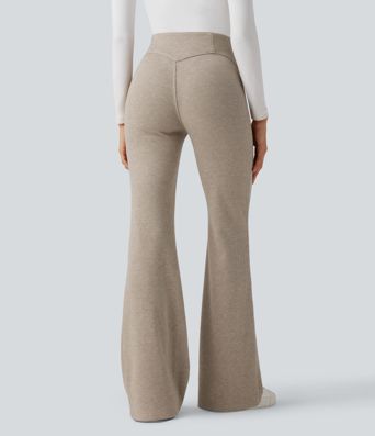 Pantalones acanalados de cintura alta con control abdominal, estilo flare casual