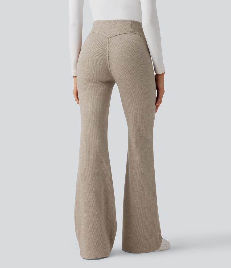 Pantalones acanalados de cintura alta con control abdominal, estilo flare casual
