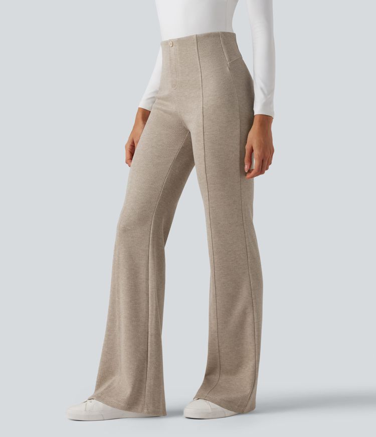 Pantalones acanalados de cintura alta con control abdominal, estilo flare casual