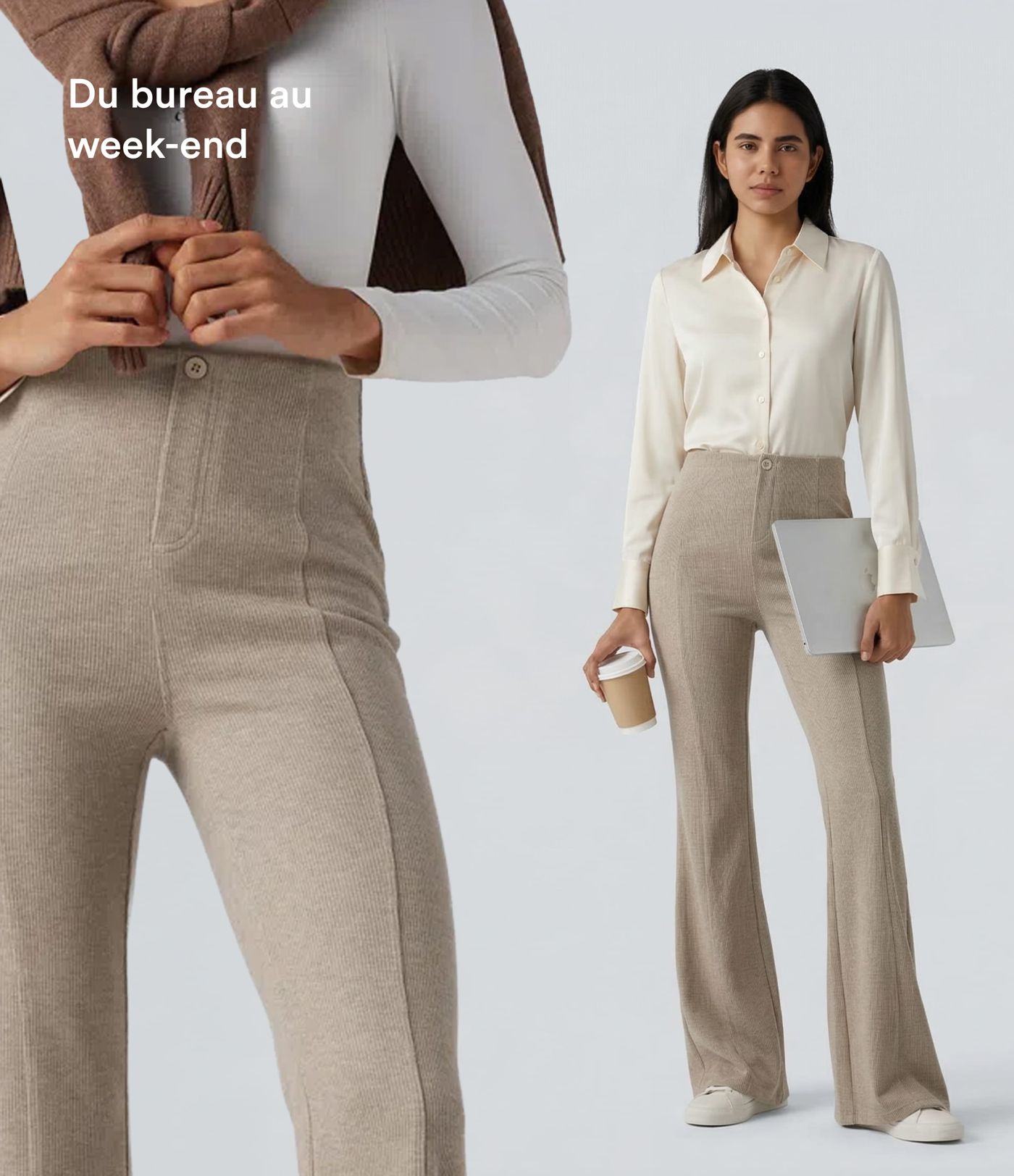Pantalones acanalados de cintura alta con control abdominal, estilo flare casual