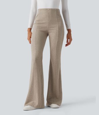 Pantalones acanalados de cintura alta con control abdominal, estilo flare casual