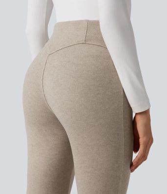 Pantalones acanalados de cintura alta con control abdominal, estilo flare casual