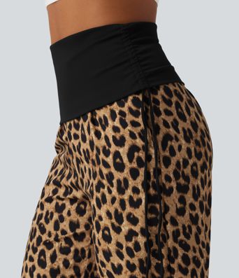 Foldover High Waisted Ruched Drawstring Baggy Leopard Print Casual Pants with Pockets