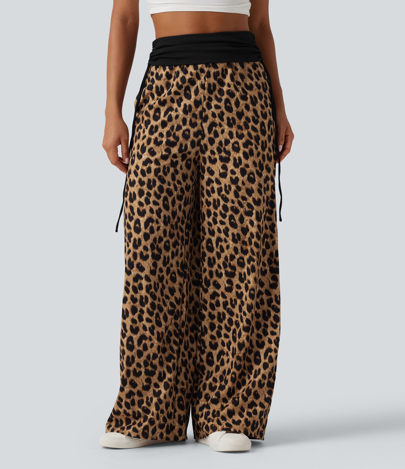 Foldover High Waisted Ruched Drawstring Baggy Leopard Print Casual Pants with Pockets