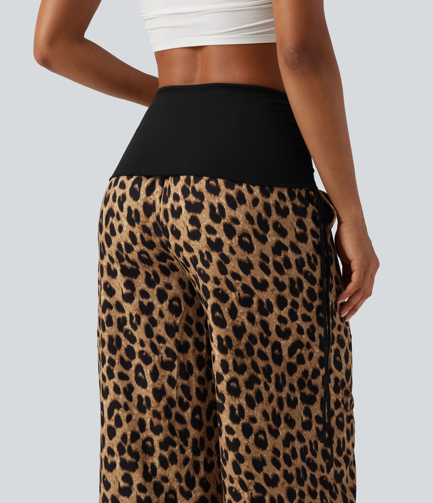 Foldover High Waisted Ruched Drawstring Baggy Leopard Print Casual Pants with Pockets