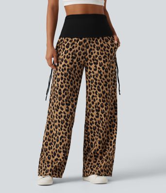 Foldover High Waisted Ruched Drawstring Baggy Leopard Print Casual Pants with Pockets