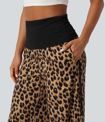 Foldover High Waisted Ruched Drawstring Baggy Leopard Print Casual Pants with Pockets