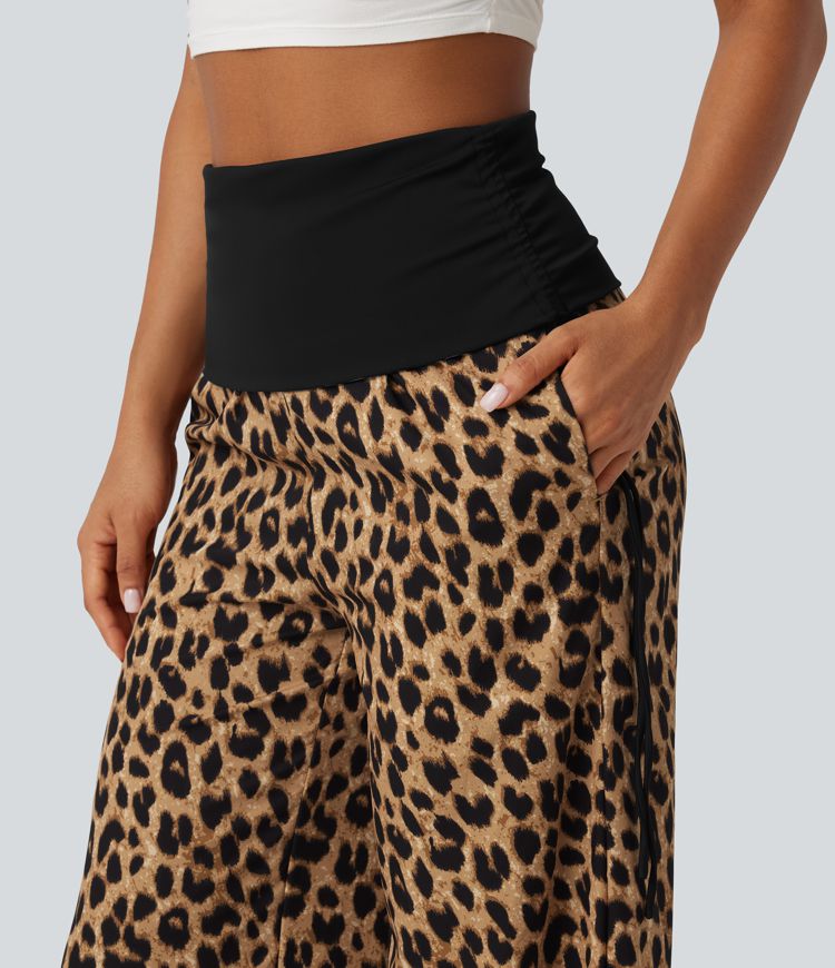 Foldover High Waisted Ruched Drawstring Baggy Leopard Print Casual Pants with Pockets