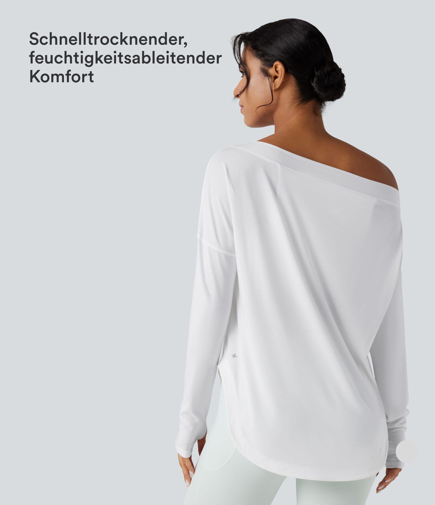 Yoga-Sport-Top mit integriertem BH, One-Shoulder-Design, langen Ärmeln, Daumenlöchern und gebogenem Saum - schnelltrocknend