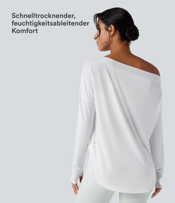 Yoga-Sport-Top mit integriertem BH, One-Shoulder-Design, langen Ärmeln, Daumenlöchern und gebogenem Saum - schnelltrocknend