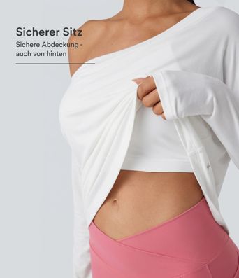 Yoga-Sport-Top mit integriertem BH, One-Shoulder-Design, langen Ärmeln, Daumenlöchern und gebogenem Saum - schnelltrocknend