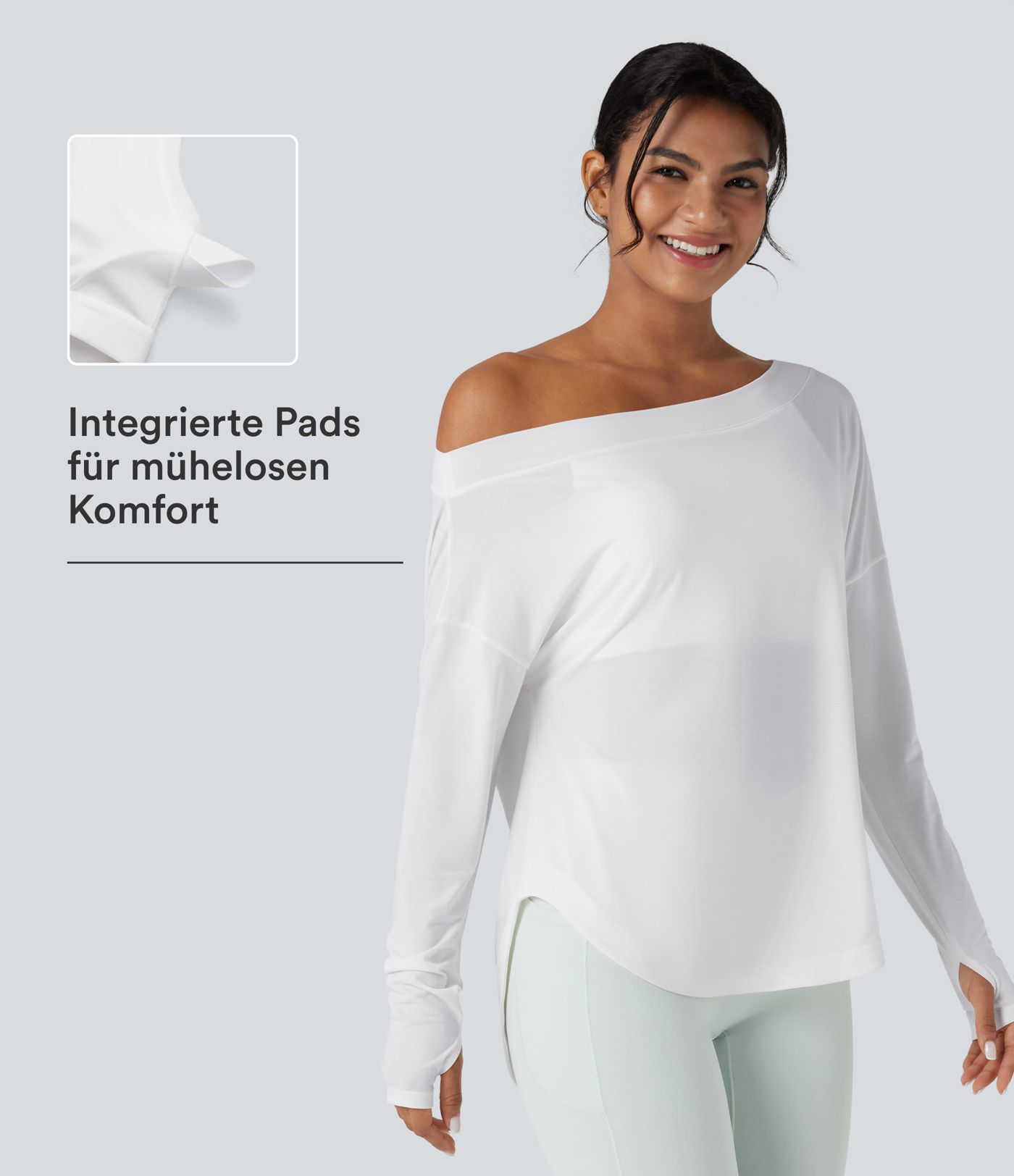 Yoga-Sport-Top mit integriertem BH, One-Shoulder-Design, langen Ärmeln, Daumenlöchern und gebogenem Saum - schnelltrocknend