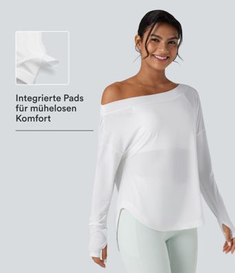 Yoga-Sport-Top mit integriertem BH, One-Shoulder-Design, langen Ärmeln, Daumenlöchern und gebogenem Saum - schnelltrocknend
