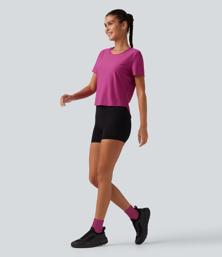Round Neck Short Sleeve Contrast Mesh Yoga Sports Top Round Neck Short Sleeve Contrast Mesh Yoga Sports Top