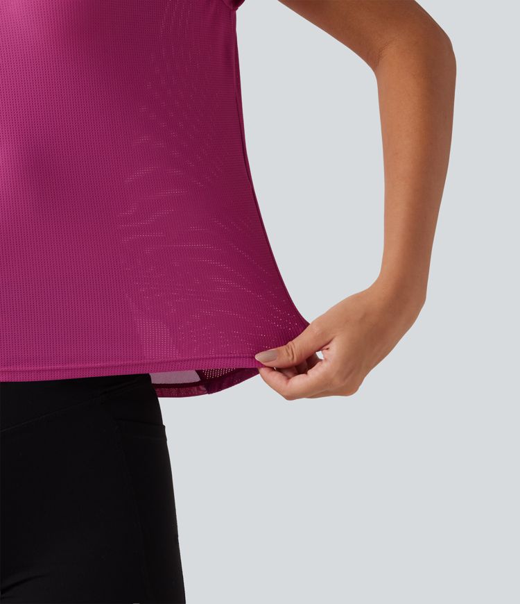 Round Neck Short Sleeve Contrast Mesh Yoga Sports Top Round Neck Short Sleeve Contrast Mesh Yoga Sports Top