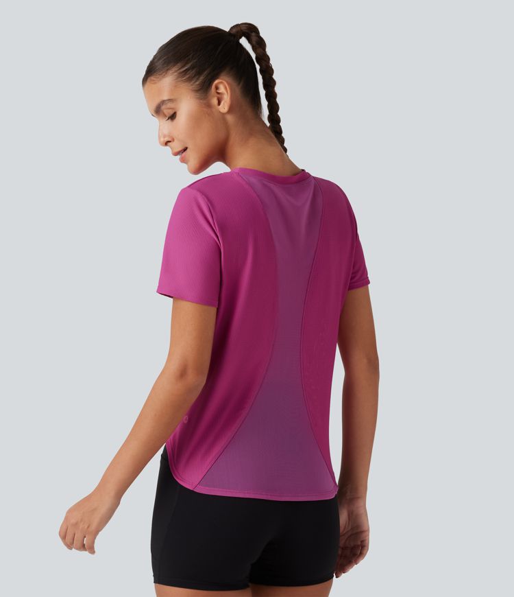 Round Neck Short Sleeve Contrast Mesh Yoga Sports Top Round Neck Short Sleeve Contrast Mesh Yoga Sports Top