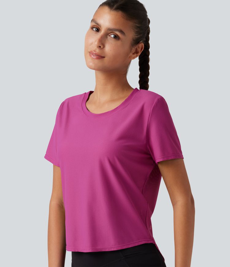 Round Neck Short Sleeve Contrast Mesh Yoga Sports Top Round Neck Short Sleeve Contrast Mesh Yoga Sports Top