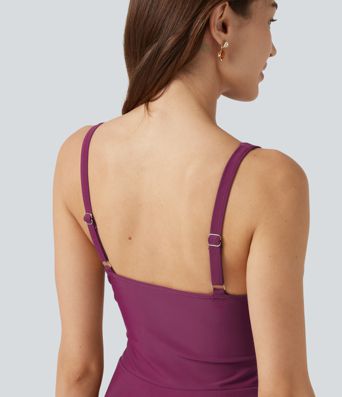 Deep V Neck Sleeveless Built-in Bra Tummy Control 2-in-1 One-Piece Swimsuit
