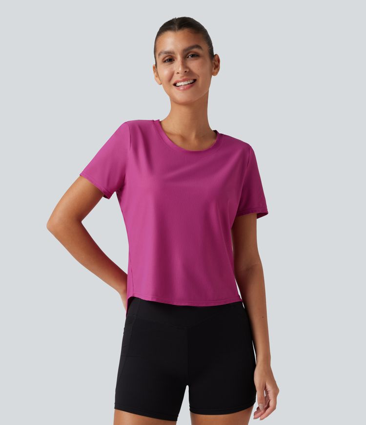 Round Neck Short Sleeve Contrast Mesh Yoga Sports Top Round Neck Short Sleeve Contrast Mesh Yoga Sports Top